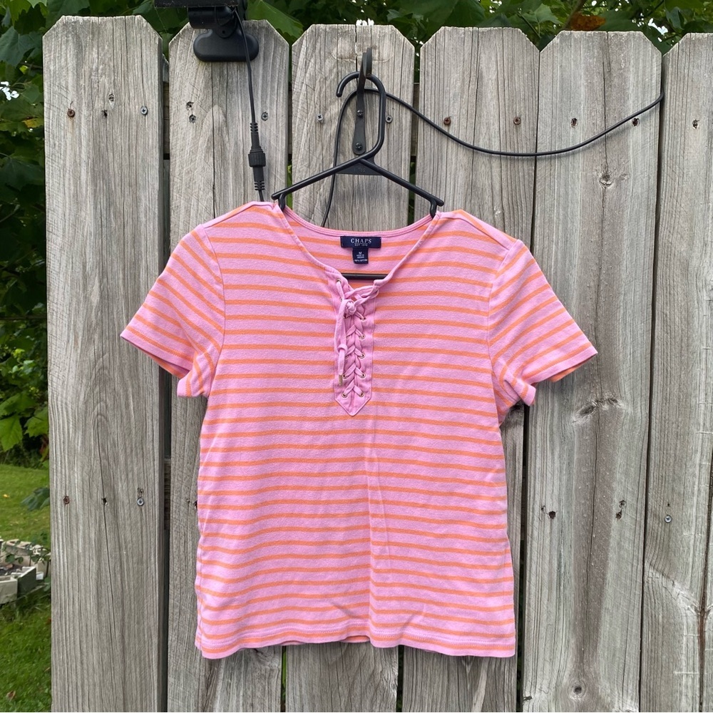 Chaps Womens‎ Pink Orange Striped Lace Up V Neck Cotton T-Shirt Size M